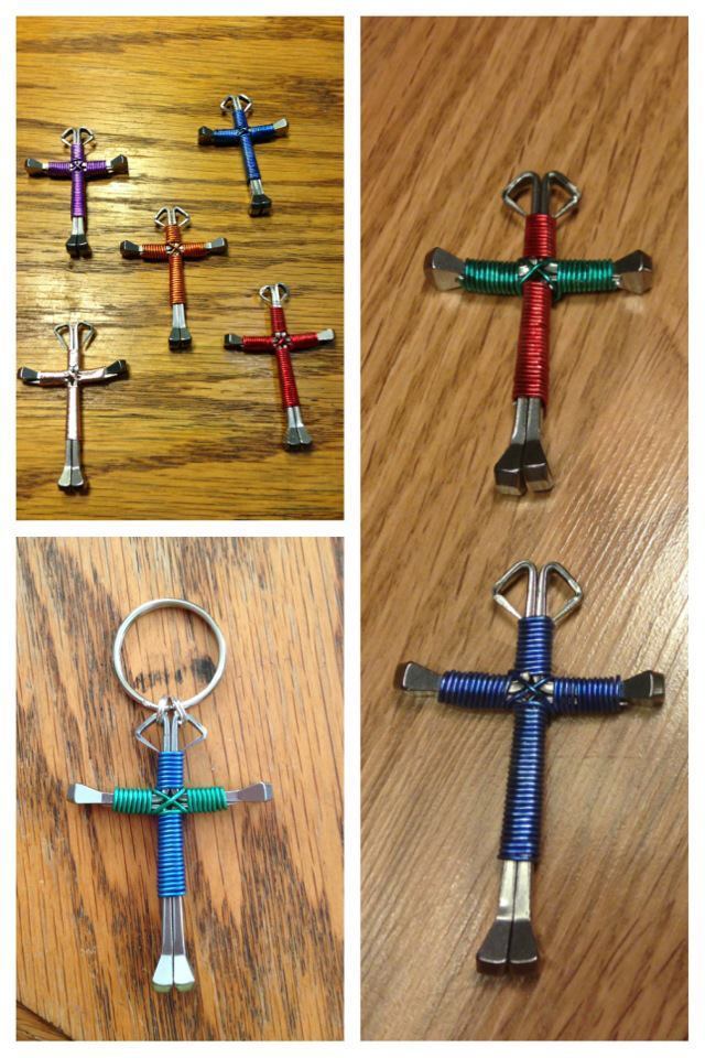 Horseshoe nail crosses. They have been clear coated to avoid rust and you get a choice of key chain or necklace. $10 – Ask me for color availability.