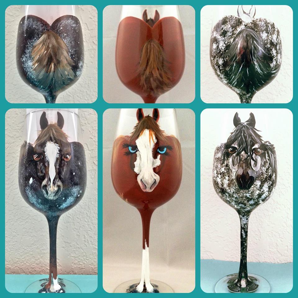 Whimsical, custom-painted wine glasses, featuring your favorite four-hoofed friends.