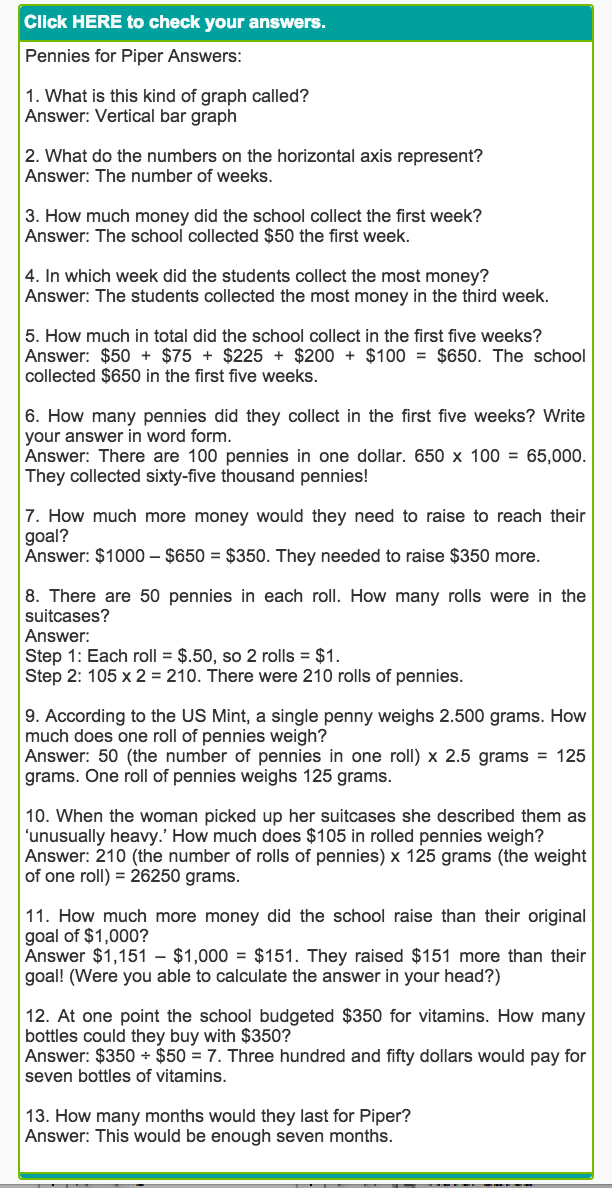 Sample Answers page from ‘Pennies for Piper’.