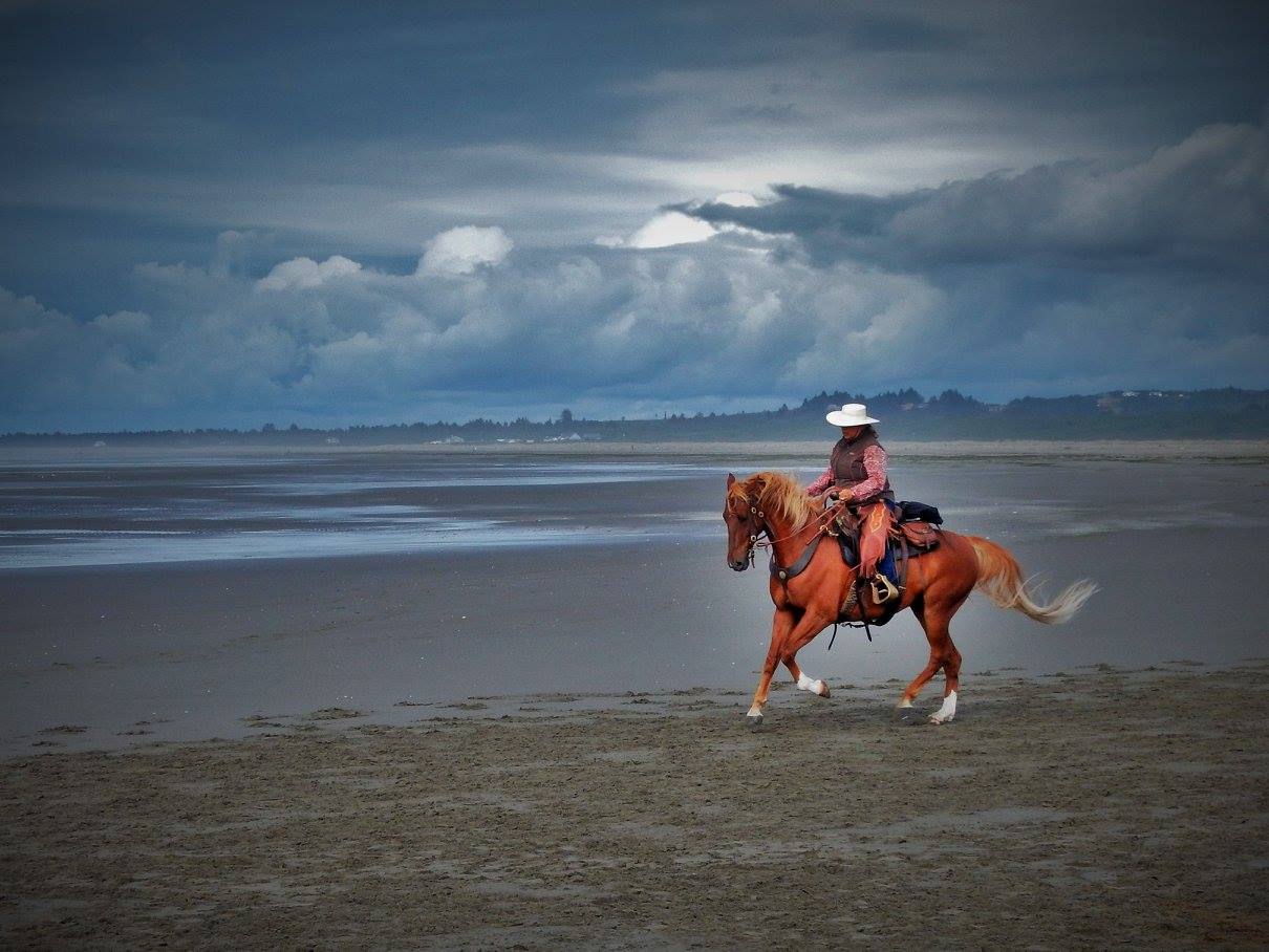 Dale enjoys the simplicity and ‘no frills’ just simply great horsemanship with quality riding and of course treating the horse with respect and honoring that relationship she has with her horses.  Shown is Dale and Far Field Buccaneer dancing at the beach.
