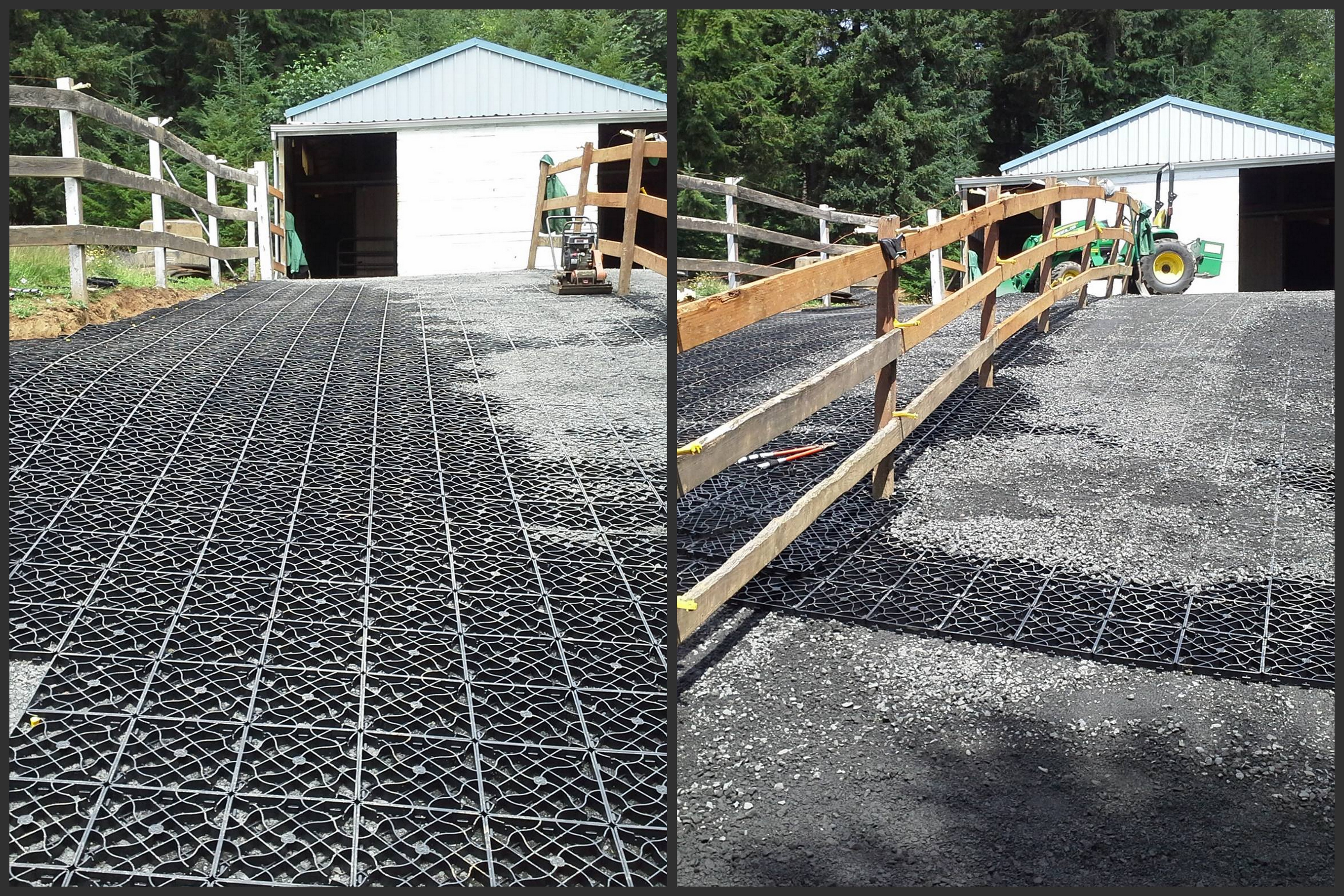 Eco GreenGrid is a 100% recycled plastic interlocking grid mat that works on the snow shoe theory by distributing weight across larger surface areas.  Offering multiple applications for new and established equine properties.